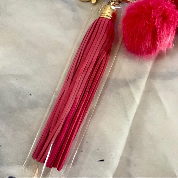 Hot Pink Tassel & Pom Pom Keychain - Picture 3 of 4